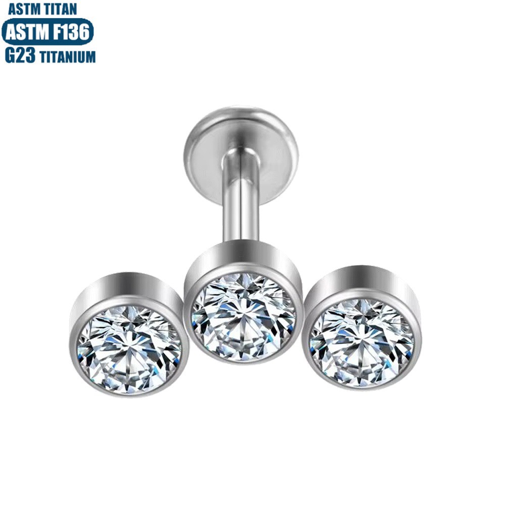 F136 Titanium Alloy Lip Ring 3 Zircon Inner Tooth Thread Body Piercing Jewelry Women's Small Ear Stud Lip Stud Pierced Earrings - Image 2