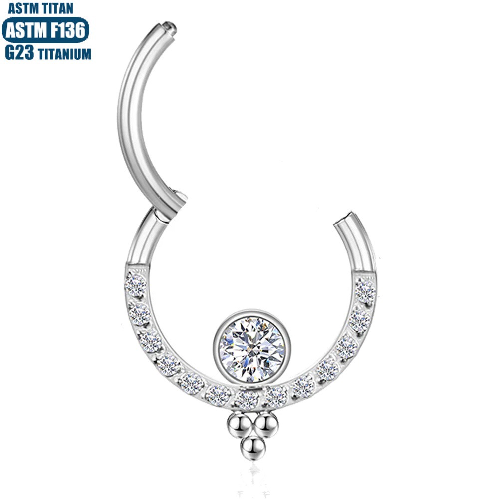 Zircon Bead Cluster Nose Ring 1.2mm Titanium Alloy Seamless Hinged Septum Earring for Women - Image 3