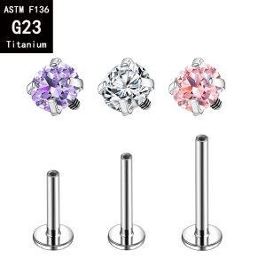 G23 Titanium Four-Prong Set Colorful 5A Round Zircon Internal Thread Earrings Flat Back Labret Stud Ear Bone Nail F136 Titanium Alloy Lip Nail Jewelry