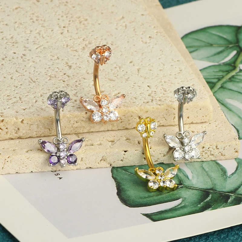 Zircon Belly Button Ring 316L Surgical Steel Dangle Flower Navel Piercing Jewelry for Women - Image 3