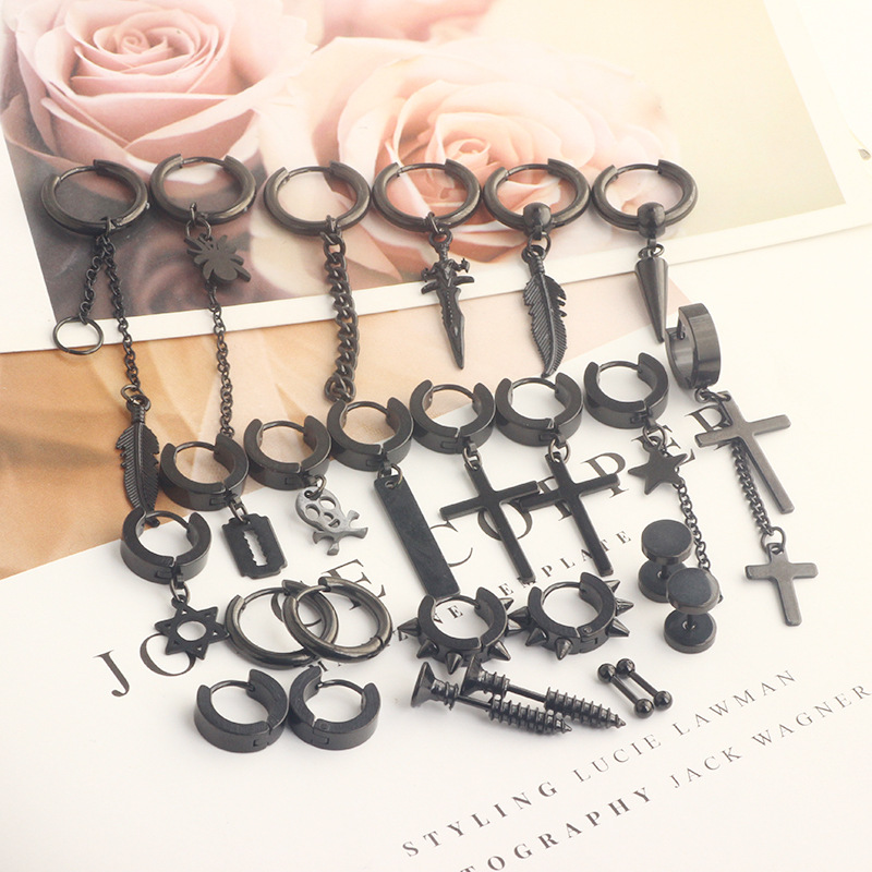 Stainless Steel Cross Hip Hop Earrings Set for Men - 26 Piece Fashion Earring Wholesale - Image 3