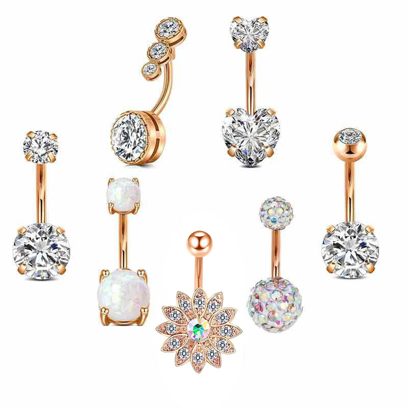 Sunflower Love Belly Button Ring Set Stainless Steel Dangle Navel Piercing Jewelry Rose Gold - Image 3