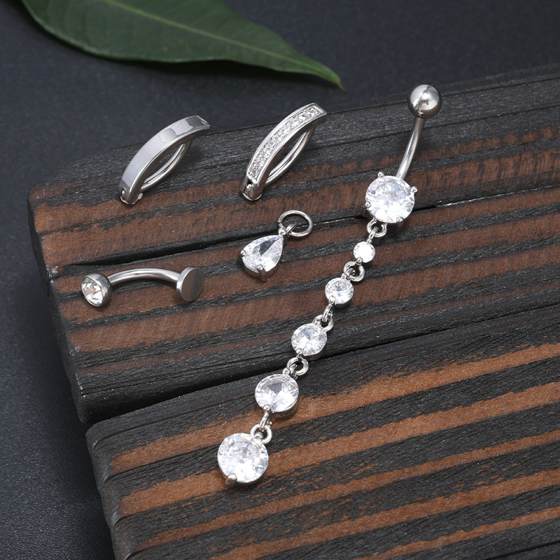 Silver Colored Navel Ring 316L Surgical Steel Curved Belly Button Ring with Zircon Piercing Jewelry - Image 2