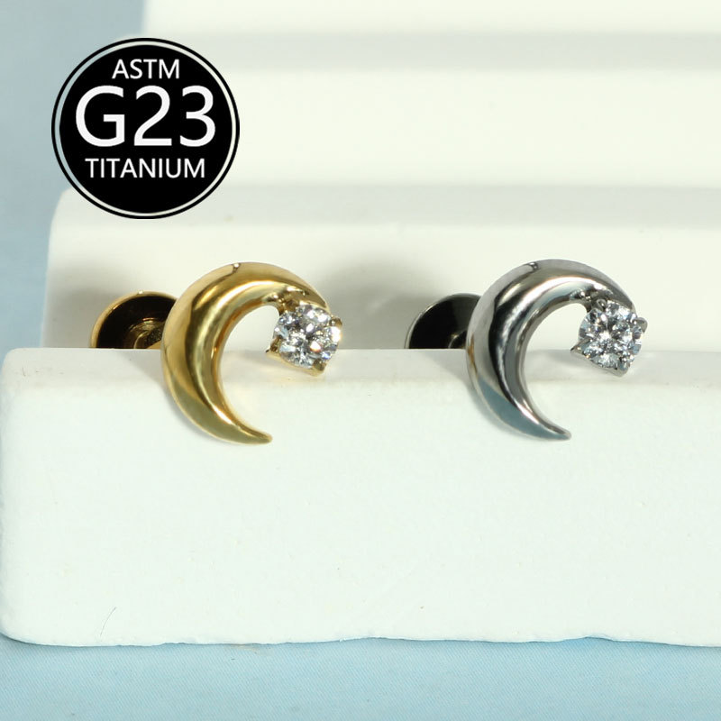 F136 Titanium Inlaid Single Zircon Moon Lip Labret Stud Internally Threaded Ear Bone Nail G23 Titanium Alloy - Image 3