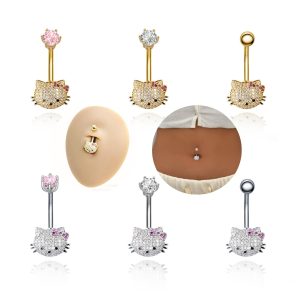 Heiokitty Hello Kitty Gold CZ Belly Button Ring Cartoon Cat Piercing Jewelry