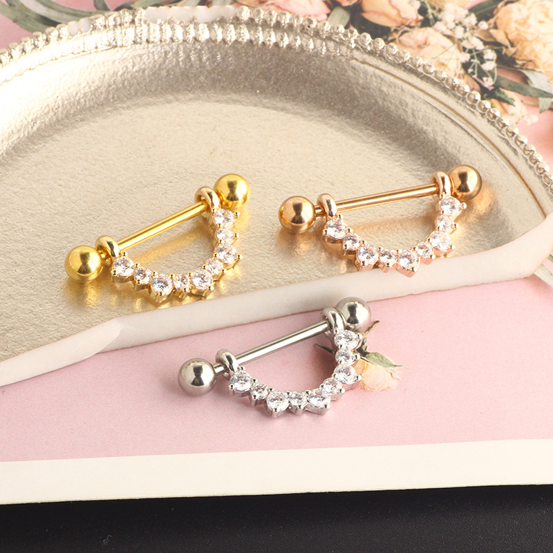 U-Shaped Nipple Ring with Crown Zircon - Rose Gold Stainless Steel Body Jewelry - Image 2