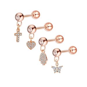 Cross Stainless Steel Zircon Earring Studs with CZ Round Cake Ear Bone Nails for Women 18K Gold Plated