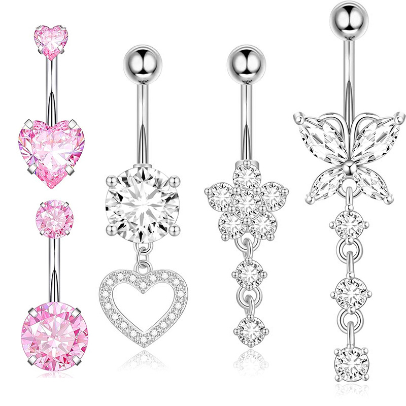 Heart-Shaped 5-Piece Belly Button Ring Set - Stainless Steel Zircon Navel Jewelry for Women - Image 2
