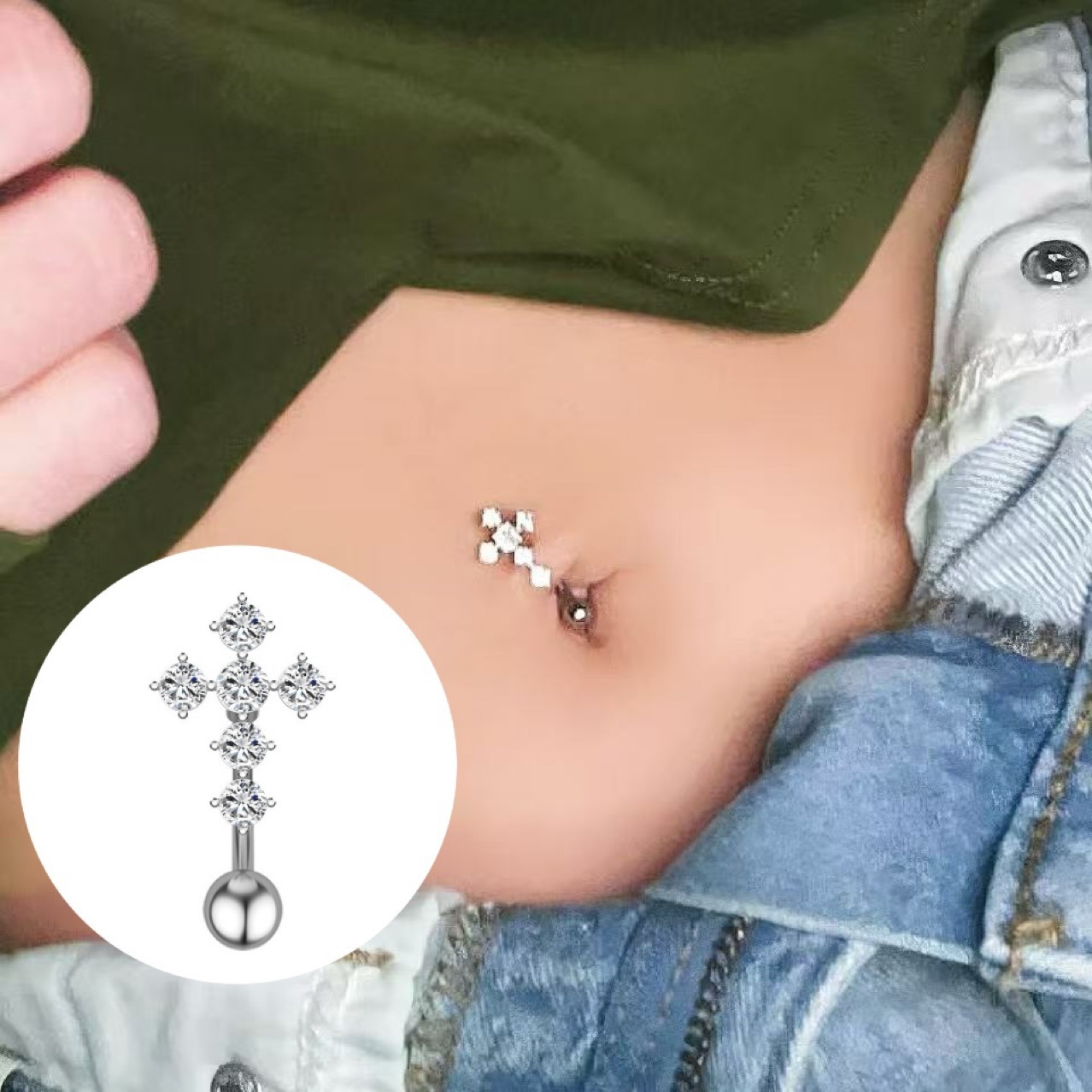 Gold Tone Belly Button Ring with Zircon Cross Design - Fashion Navel Piercing Jewelry - Image 4