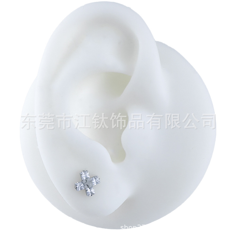 G23 Titanium Ear Bone Cross Stud with Zircon Inlay - ASTM F136 Titanium Alloy Body Piercing Earring - Image 2
