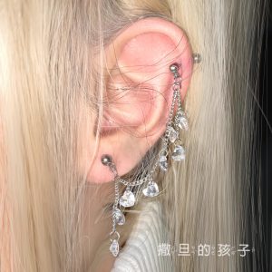 Love Heart Zircon Chain Double Ear Bone Earrings Titanium Steel Sweet Cool Style Earrings