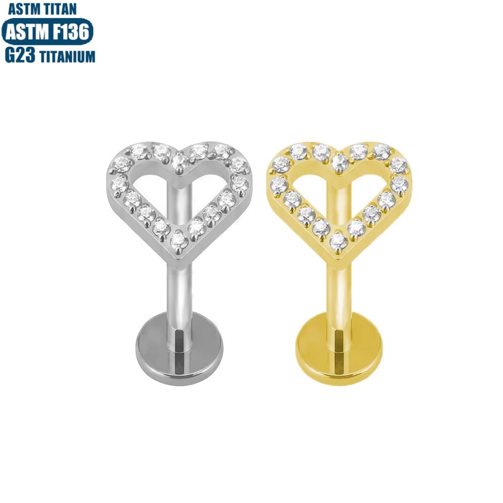 Gold F136 Titanium Alloy Spiral Heart Earrings with CZ Inner Thread Lip Ring Stud - Image 5