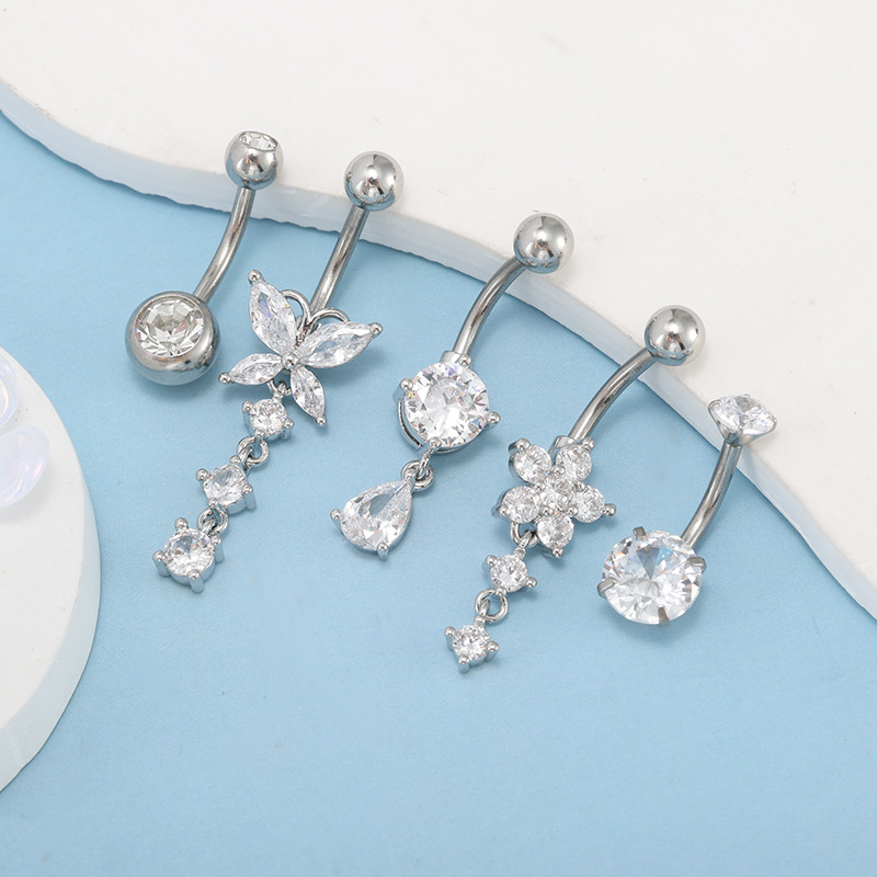 5-Piece Stainless Steel and Copper Belly Ring Set with CZ Water Drop Navel Jewelry - Image 3