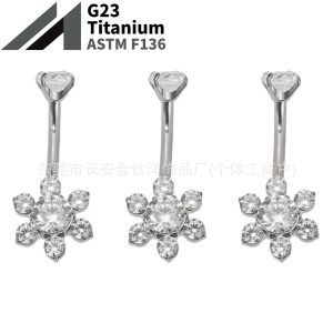 F136 Titanium Internal Thread Six-Leaf Zircon Belly Button Ring - G23 Titanium Alloy Body Piercing Jewelry
