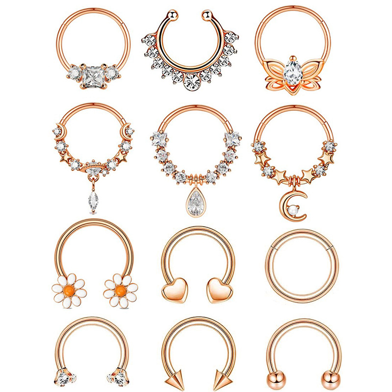 Amazon Hot Sale Nose Ring Set Stainless Steel Micro Inlaid Zircon Chrysanthemum Nose Ring Trend Puncture Nose Nail 12-Piece Set - Image 3
