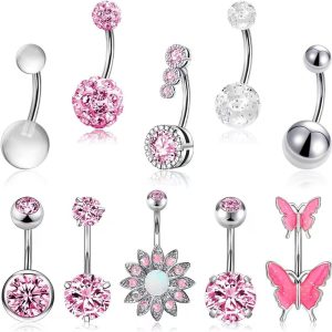 10-Piece Butterfly Diamond Pearl Shambhala Belly Ring Set - Stainless Steel Navel Piercing Jewelry
