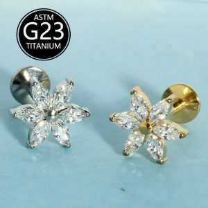 G23 Titanium Inlaid Zircon Flower Labret Stud Lip Piercing Jewelry Internally Threaded