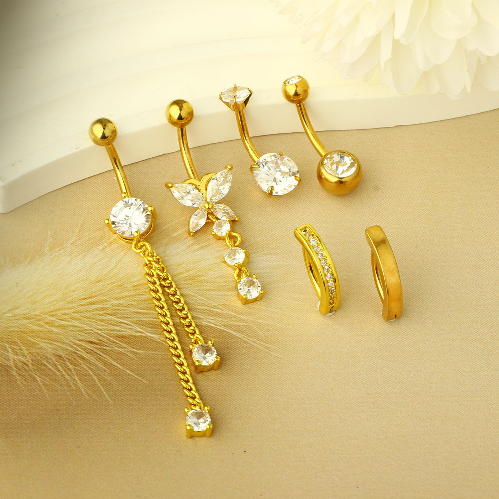 Gold Cubic Zirconia Navel Ring Stainless Steel Belly Button Piercing Jewelry Butterfly Combination - Image 4