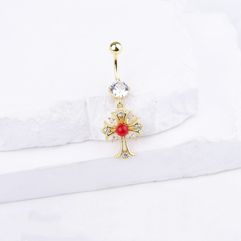 Diamond Crown Cross Belly Button Ring Gold Dangle Body Piercing Jewelry - Image 4