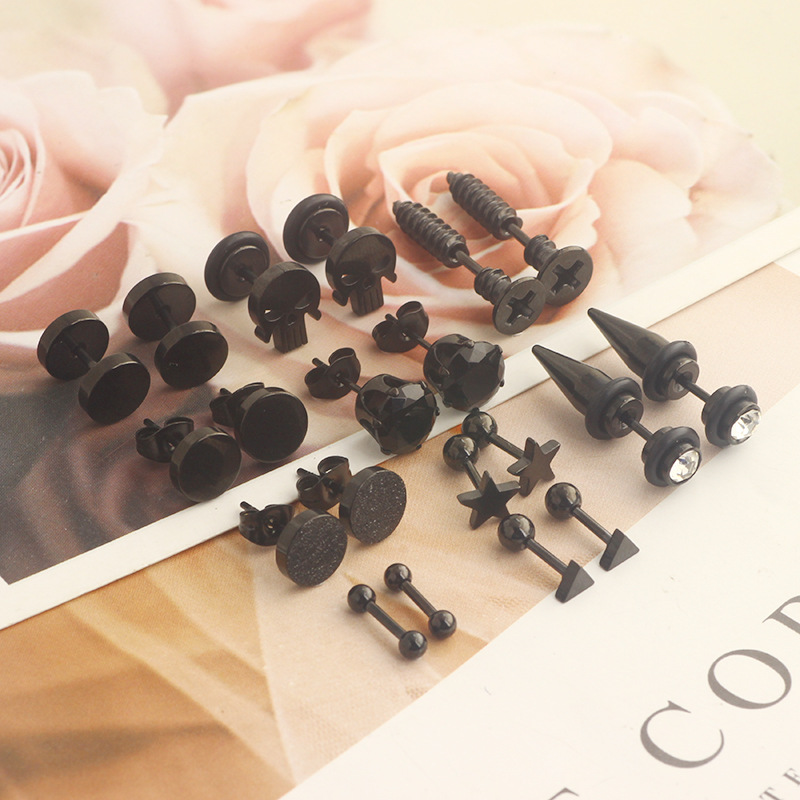 10 Pair Black Stud Round Barbell Earrings Set - Stainless Steel Men's Personality Piercing Studs - Image 5