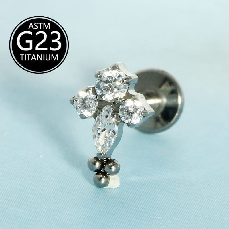 G23 Titanium Zircon Simple Versatile Ear Bone Stud Cross Lip Stud Body Piercing Jewelry - Image 5