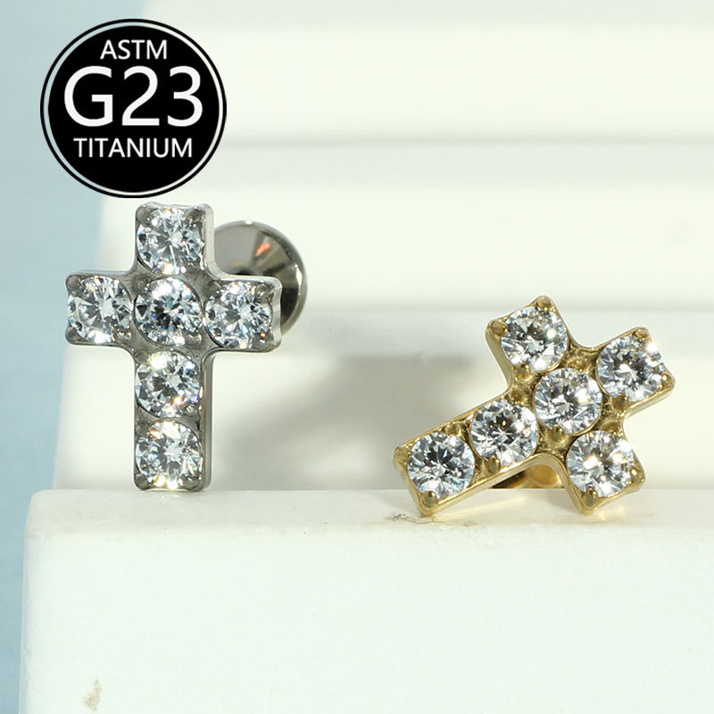 G23 Titanium Cross Stud Earring Lip Labret Nail with 5A Zircon - 1.2mm x 10mm - Image 3