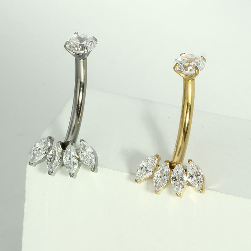 F136 Titanium Navel Ring with Four Marquise Zircon Stones, Internal Thread 14g Belly Button Ring, G23 Titanium Piercing Jewelry - Image 3