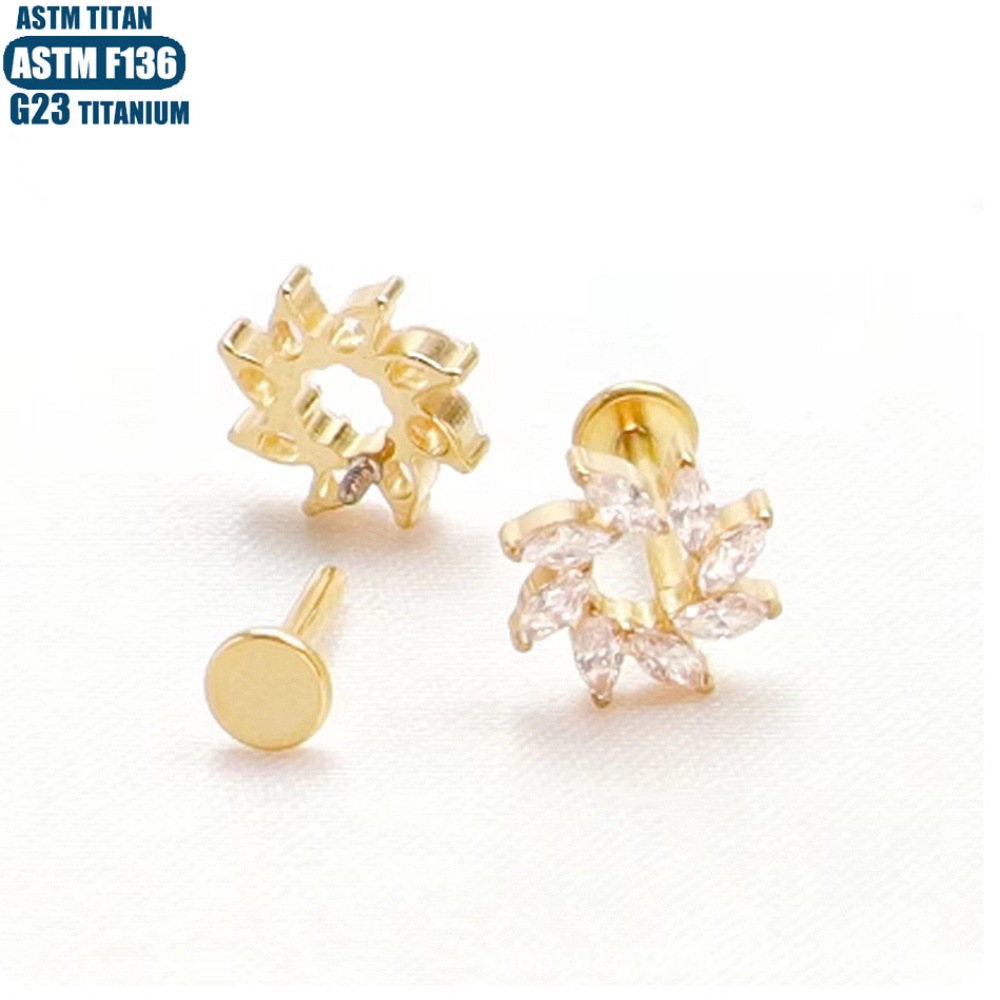 F136 Titanium Alloy Flower Lip Ring with CZ Stone Internally Threaded Lip Piercing Jewelry Gold - Image 4