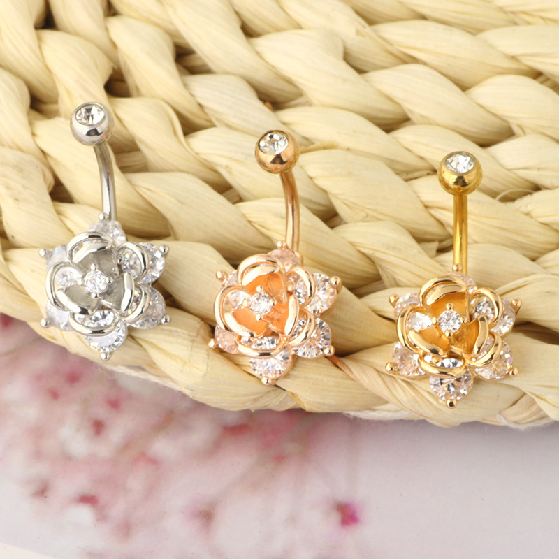 Exquisite Rose Gold Zircon Flower Navel Ring Stainless Steel Belly Button Piercing Jewelry - Image 4