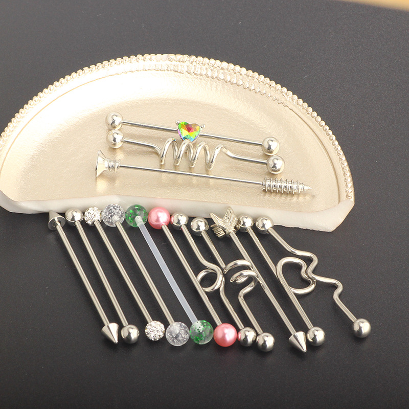 14Pcs Heart Cactus Industrial Barbell Earring Set Stainless Steel Bridge Ear Studs - Image 3