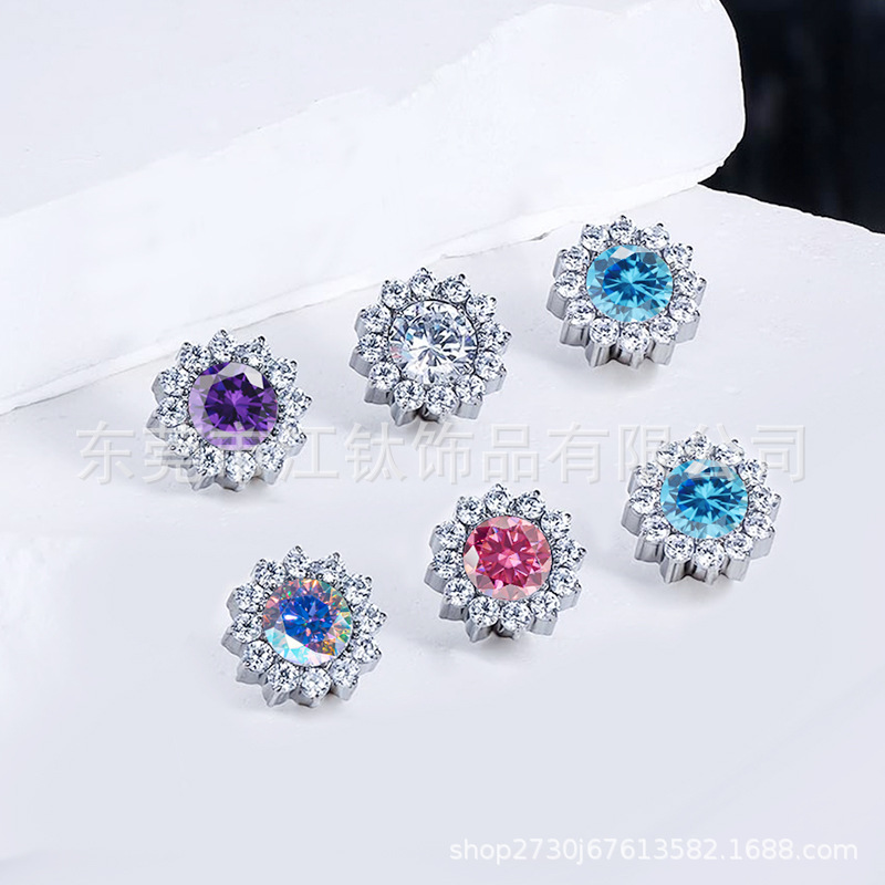 G23 Titanium Sunflower Navel Ring - Blue CZ Belly Button Ring Body Piercing Jewelry - Image 3
