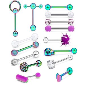 Stainless Steel Tongue Stud 15 Piece Set Mixed 4 Colors Straight Rod Tongue Ring Piercing Jewelry
