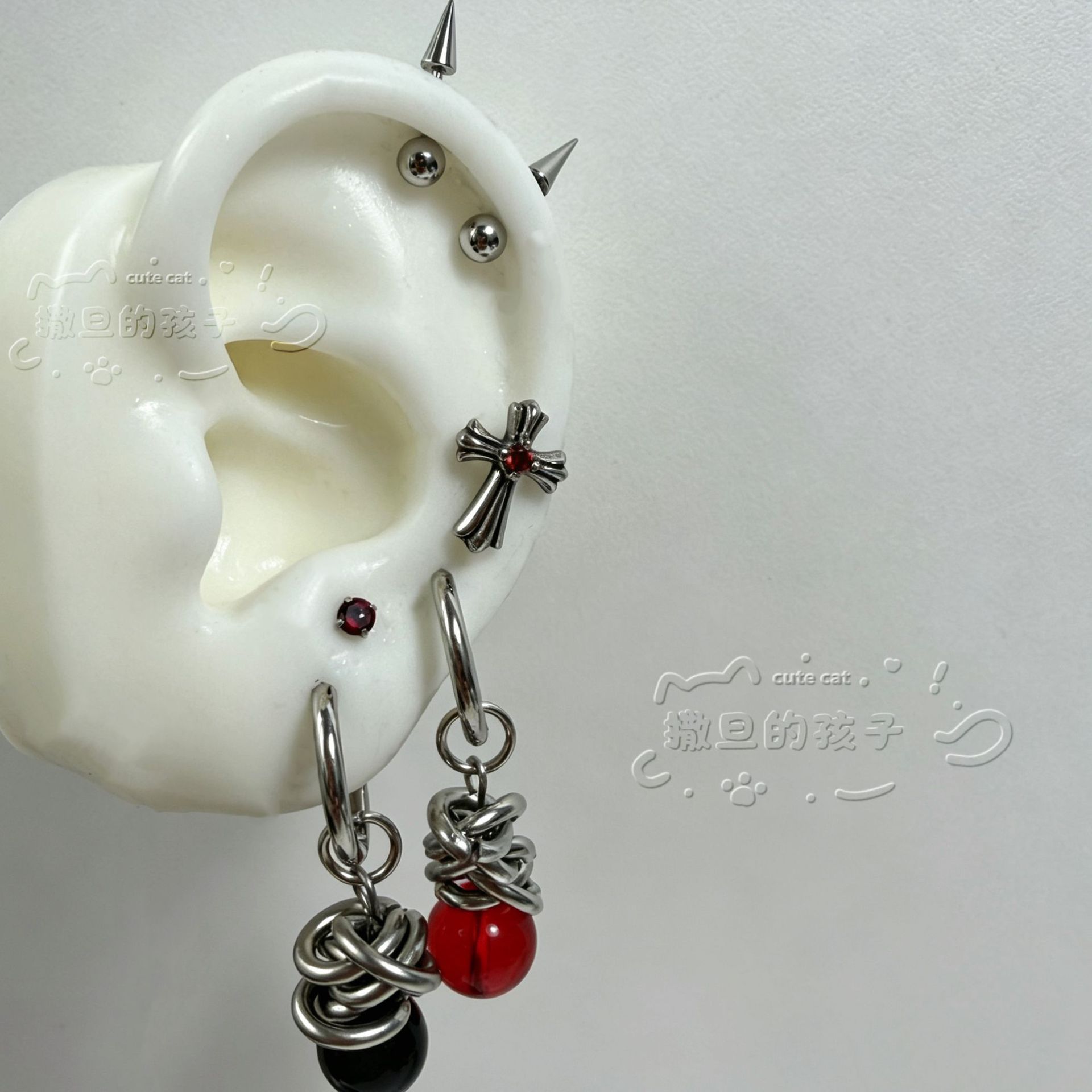 Blood Cross Punk Ear Studs, 316L Surgical Steel Flat Back Earrings for Cartilage, Satan's Child Design - Image 4