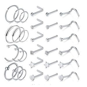 Rose Gold Nose Nail Ring Set 20G Stainless Steel CZ Piercing Jewelry - 30 Pcs