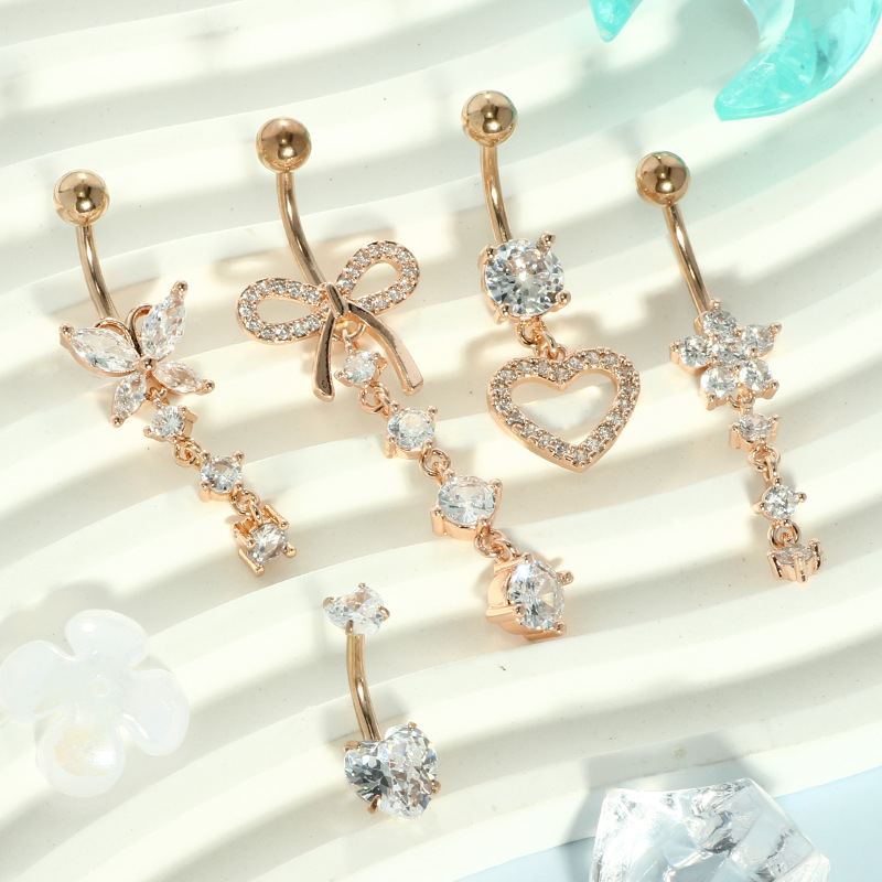 5-Piece Rose Gold Stainless Steel Belly Button Ring Set, Heart Butterfly Pendants, Zirconium Navel Ring Piercing Jewelry Wholesale - Image 3