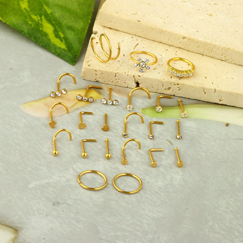 23PCS 316L Surgical Steel Nose Ring Set Body Piercing Jewelry Silver 18K Plated Nail Studs Hoop Kit - Image 3