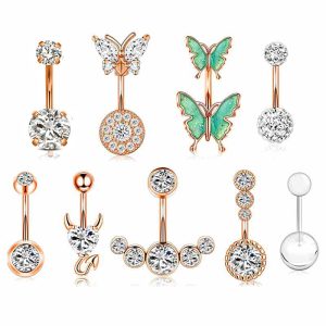 Wholesale Rose Gold Set Butterfly Stainless Steel Diamond CZ Flower Navel Ring Belly Button Piercing Jewelry 9-Piece
