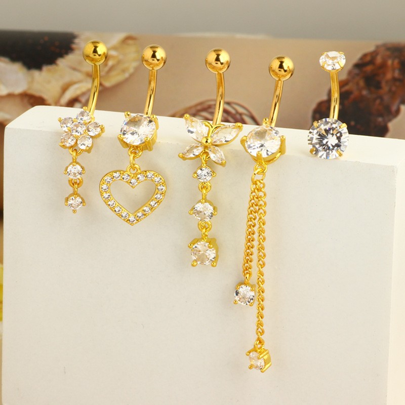 Heart-Shaped Navel Ring Zircon Belly Button Ring 5-Piece Set Body Piercing Jewelry - Image 2