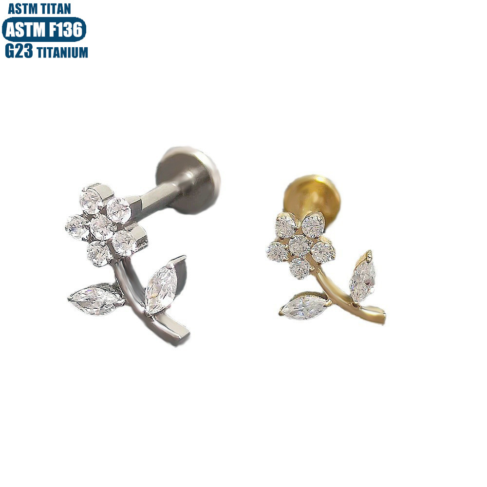 F136 Titanium Alloy Flower Lip Ring Spiral Diamond Small Ear Nail Internally Threaded Lip Piercing Jewelry Gold - Image 5