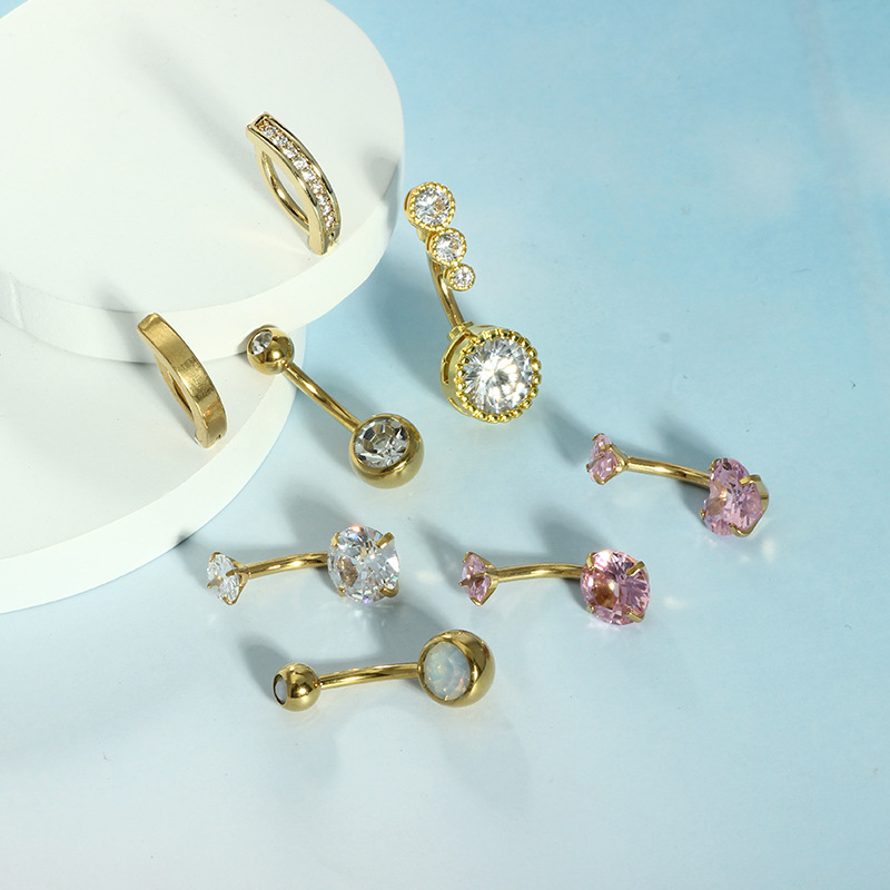 8Pcs Stainless Steel Navel Ring Set Heart Peach Crystal Belly Button Piercing Jewelry - Image 3