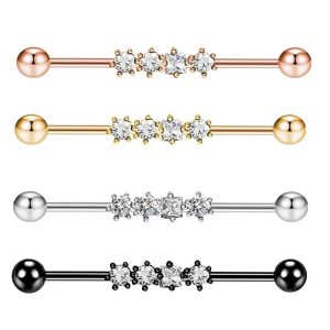 European American Industrial Barbell Ear Piercing, External Thread Straight Rod Zircon Earrings for Double Ear Holes, Black Titanium Alloy