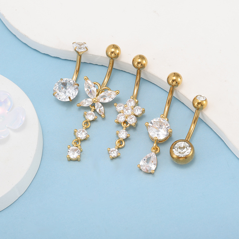 5-Piece Stainless Steel and Copper Belly Ring Set with CZ Water Drop Navel Jewelry - Image 4