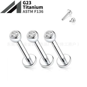 G23 Titanium Internally Threaded Diamond-Encrusted Cup-Shaped Lip Stud, Bowl-Shaped Lip Stud, Nose Stud, Ear Bone Stud, F136 Titanium Alloy Piercing Jewelry