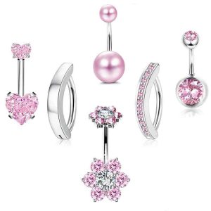 Stainless Steel Belly Button Ring Set Micro-Set Zircon Navel Studs 6-Pack Geometric Flower Jewelry
