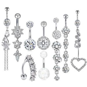 Amazon Zircon Navel Ring Set 10 Piece - Stainless Steel Silver Heart Belly Button Rings Body Piercing Jewelry