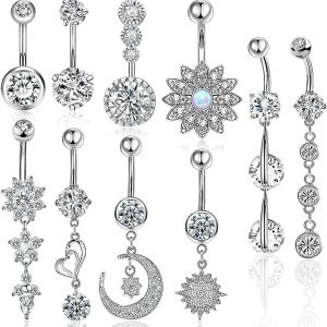Amazon Hot Sale Love Moon Cubic Zirconia Navel Ring Stainless Steel Belly Button Jewelry 10-Piece Set