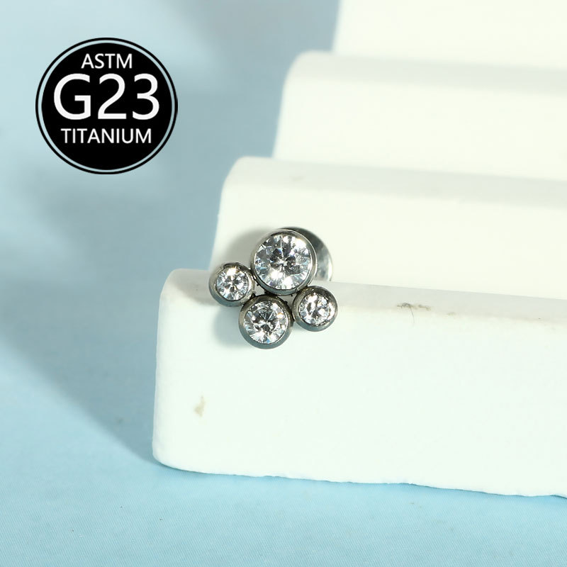 G23 Titanium Alloy F136 Internal Thread Lip Stud Micro Paved Zircon Welded Four Small Ball Titanium Earring - Image 3