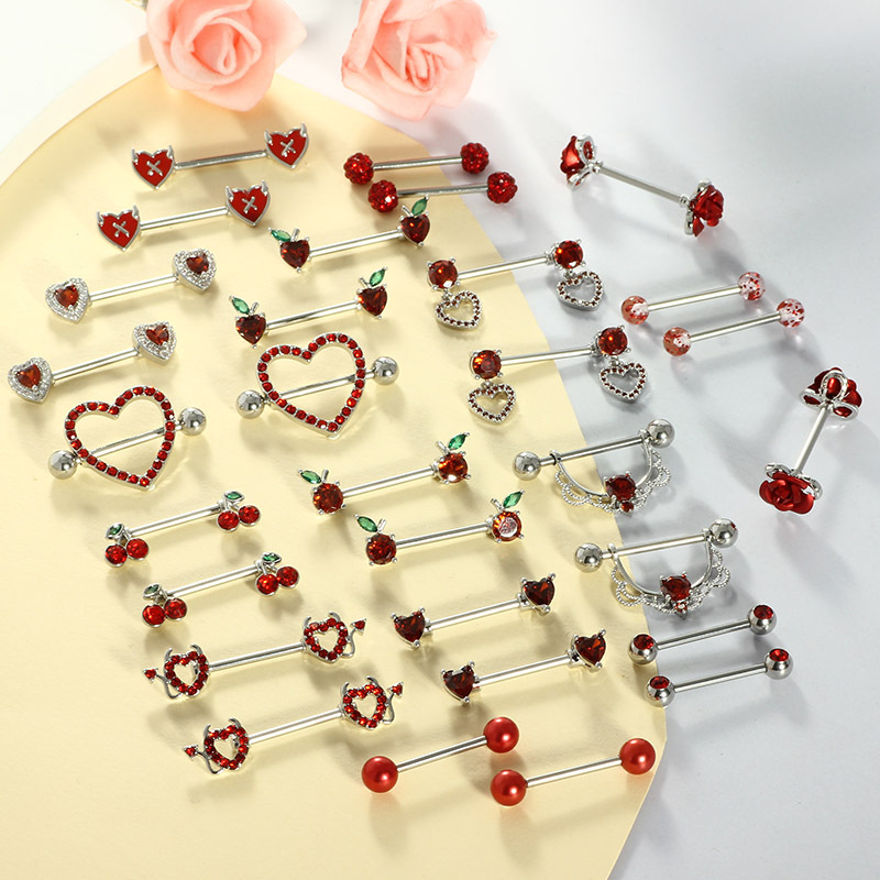 2 Pieces Stainless Steel Red Zircon Nipple Rings Creative Heart Flower Diamond-Studded Nipple Piercing Jewelry - Image 2
