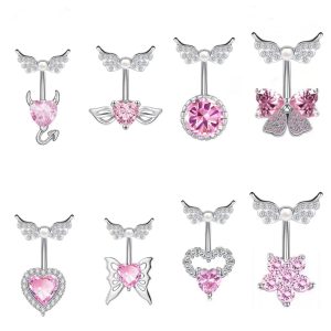 Heart-Shaped Navel Ring Wing Head Copper Inlaid Drop Zircon Belly Button Piercing Jewelry