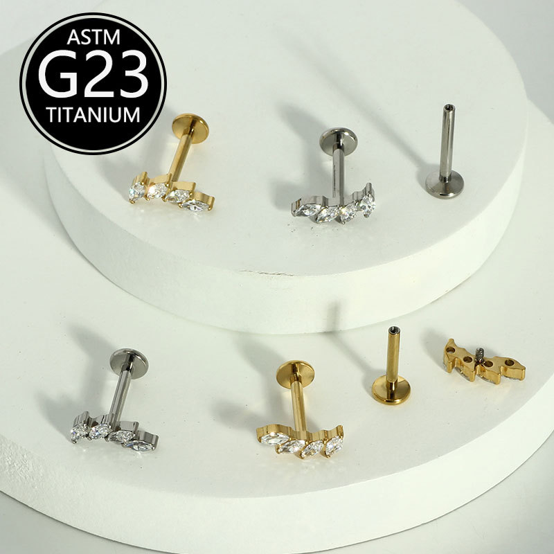 F136 Titanium Micro-Inlaid Zirconia Four-Prong Flat-Bottom Internally Threaded Lip Stud Cartilage Ear Bone Stud Lip Ring - Image 4